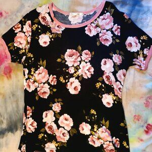 Black and Pink Floral Ringer Tee